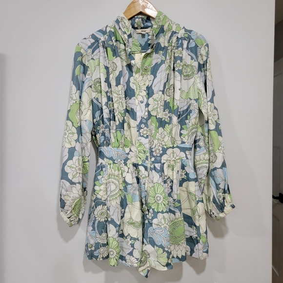 Guess Pants - Guess 100% Linen All Over Floral Long Puffed Sleeves Shorts Romper Size S Summer